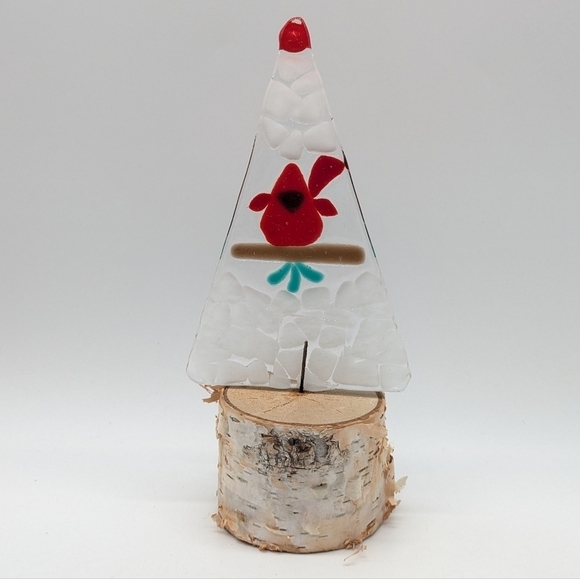Handmade fused glass Christmas tree cardinal on birch - Picture 5 of 8